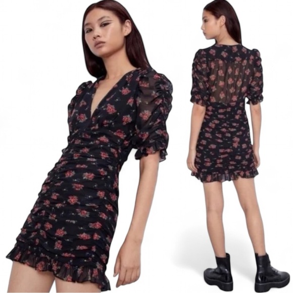 Zara Dresses & Skirts - Zara Floral Ruched Mini Dress Ruffle Plunge V-Neck‎ Puff Sleeve Blogger Fave XS